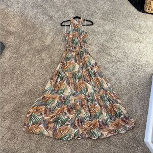 Francesca’s Miami Green and Orange Tiered Ruffled Maxi Sundress